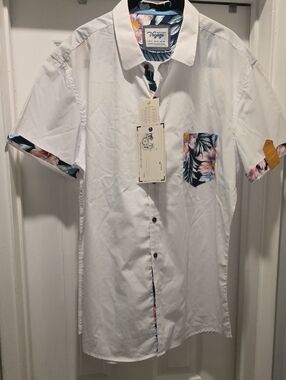 Voyage White Short-Sleeve Button-Down Shirt with Floral Trim